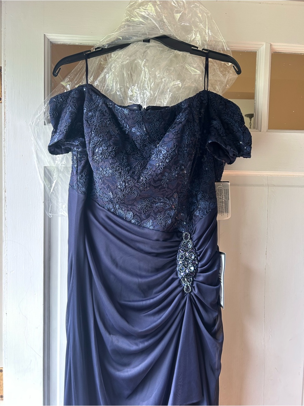 Alex Evenings Navy Lace and Satin Evening Dress with Sequin Detail